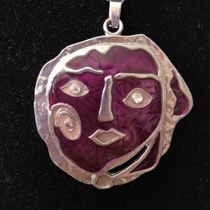 Unique Beautifully Made Large Face Pendant Purple Enamel w/ Silver-tone & Chain